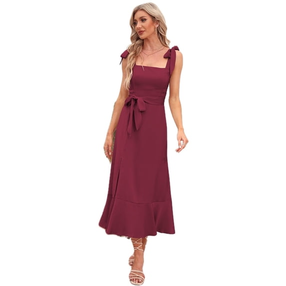 Women's Square Neck Tie Strap Midi Dress in Solid Urban Style with Peplum and Slit Sleeveless Flounce Hem 100% Polyester