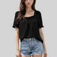 thumbnail image 1 of Women's Square Neck Top with Puff Short Sleeves and Ruffled Cuffs - Large, Black, 1 of 6