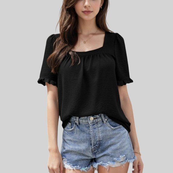 Women's Square Neck Top with Puff Short Sleeves and Ruffled Cuffs - Large, Black
