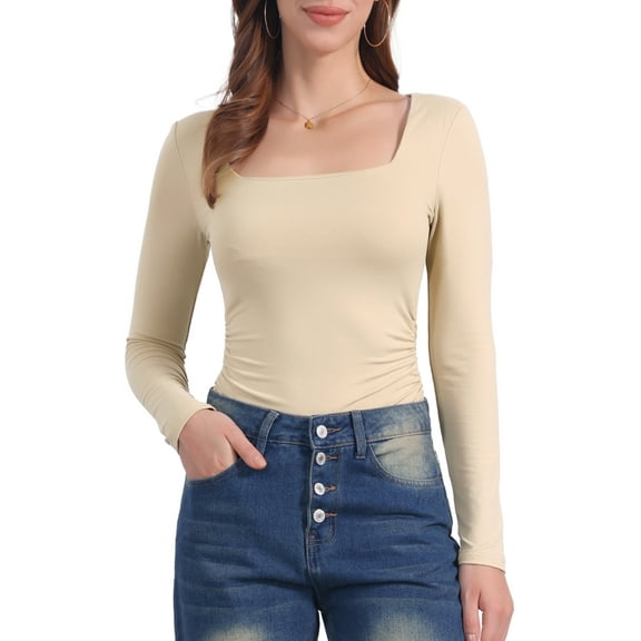 Women's Square Neck Tops Long Sleeve Shirred Fitted Stretch Casual Basic Blouse XL Gray Beige
