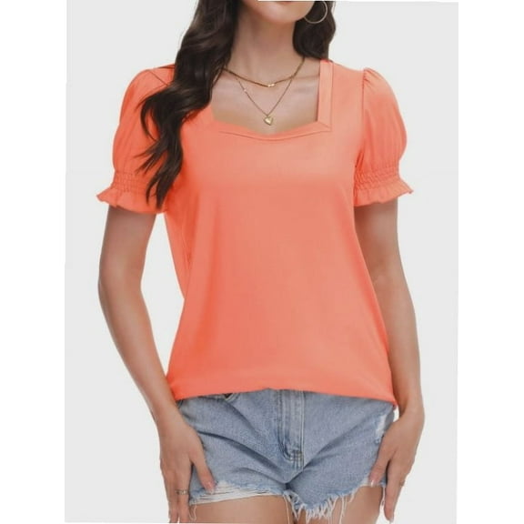 Women's Square Neck Tops Ruffle Trim Sleeve T-Shirts for Summer Casual Short Tees