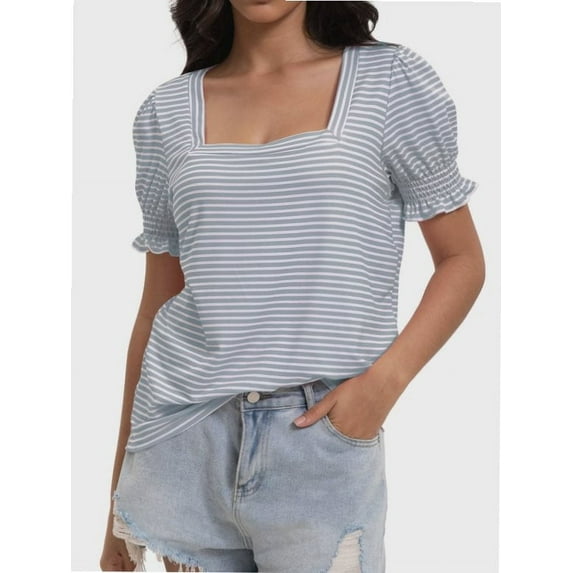Women's Square Neck Tops Ruffle Trim Sleeve T-Shirts for Summer Casual Short Tees