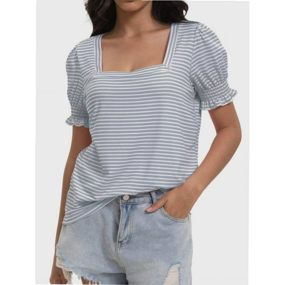 Women's Square Neck Tops Ruffle Trim Sleeve T-Shirts for Summer Casual Short Tees