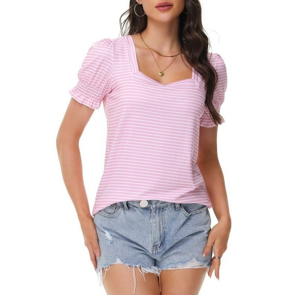 Women's Square Neck Tops Ruffle Trim Sleeve T-Shirts for Summer Casual Short Tees