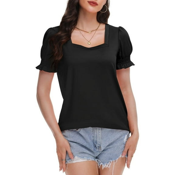 Women's Square Neck Tops Ruffle Trim Sleeve T-Shirts for Summer Casual Short Tees