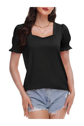 Women's Square Neck Tops Ruffle Trim Sleeve T-Shirts for Summer Casual Short Tees
