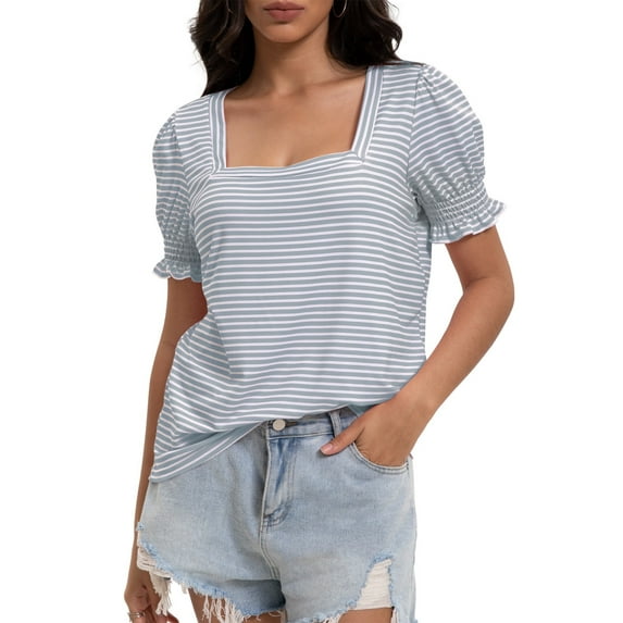 Women's Square Neck Tops Ruffle Trim Sleeve T-Shirts for Summer Casual Short Tees