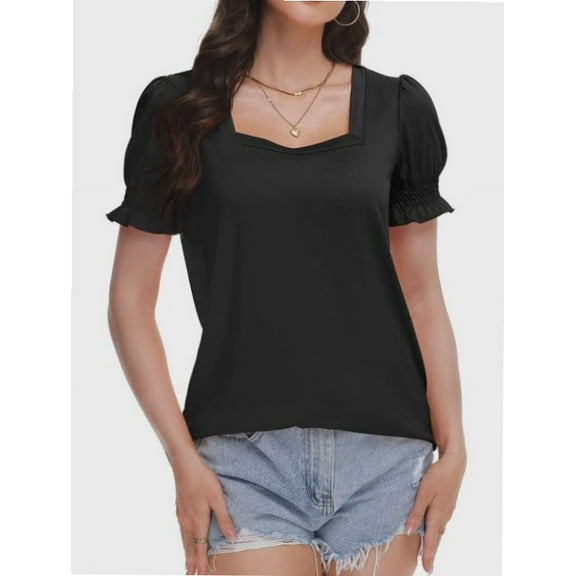 Women's Square Neck Tops Ruffle Trim Sleeve T-Shirts for Summer Casual Short Tees