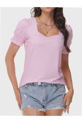 Women's Square Neck Tops Ruffle Trim Sleeve T-Shirts for Summer Casual Short Tees