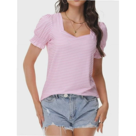 Women's Square Neck Tops Ruffle Trim Sleeve T-Shirts for Summer Casual Short Tees