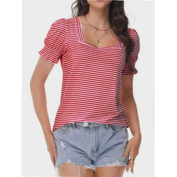 Women's Square Neck Tops Ruffle Trim Sleeve T-Shirts for Summer Casual Short Tees