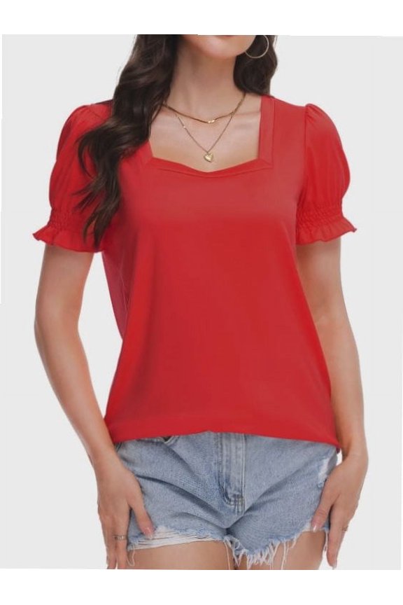 Women's Square Neck Tops Ruffle Trim Sleeve T-Shirts for Summer Casual Short Tees