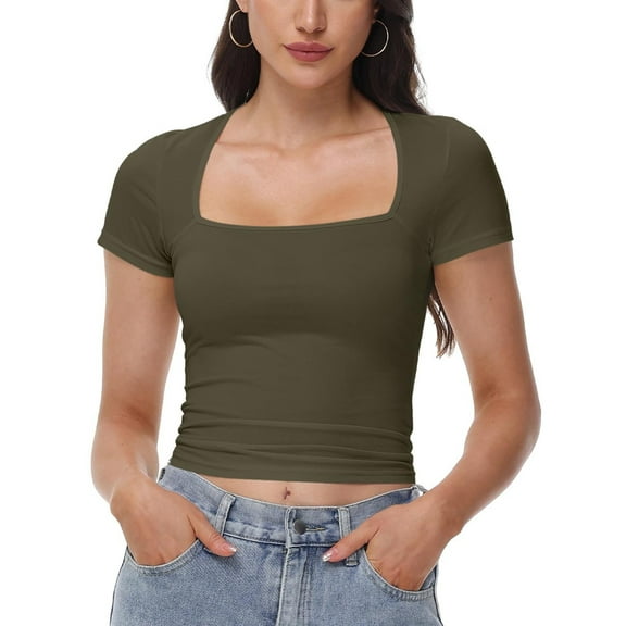 Women's Square Neck Tops Short Sleeve Crop Tops Workout Summer Clothes Casual Slim Fit T-Shirts