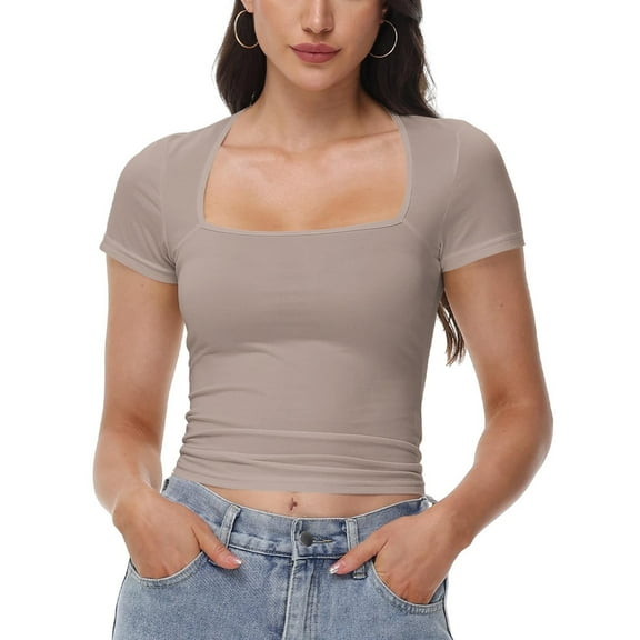 Women's Square Neck Tops Short Sleeve Crop Tops Workout Summer Clothes Casual Slim Fit T-Shirts