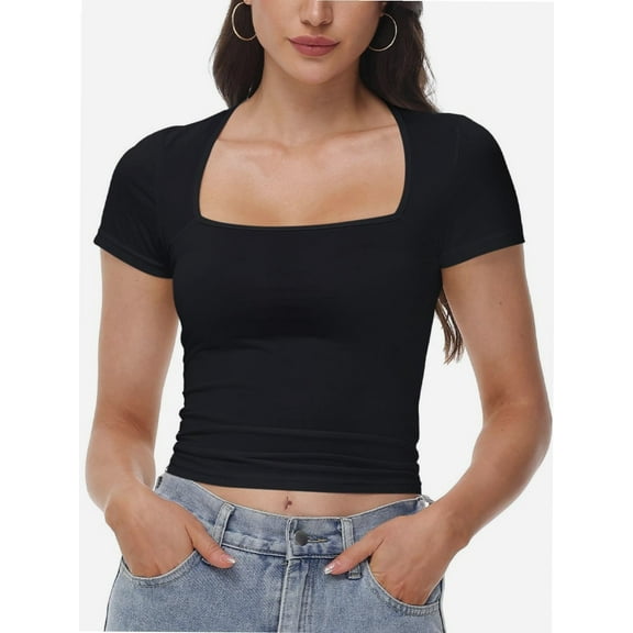 Women's Square Neck Crop Top - Short Sleeve Slim Fit T-Shirt, Casual Summer Workout Tee