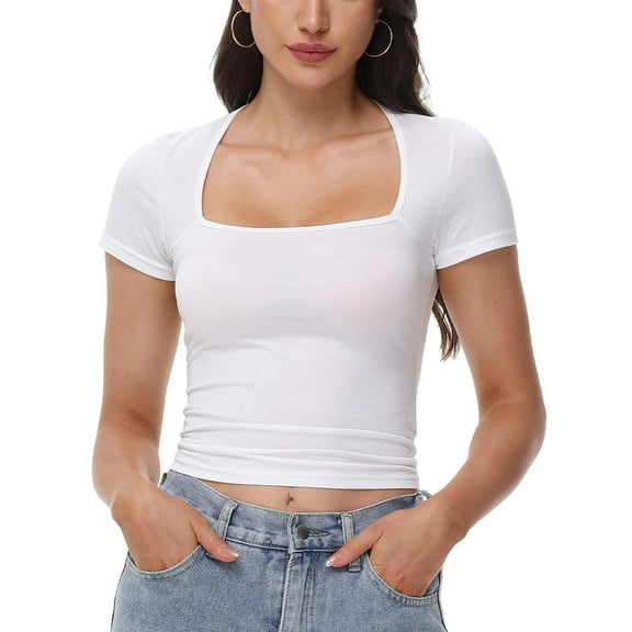 Women's Square Neck Tops Short Sleeve Crop Tops Workout Summer Clothes Casual Slim Fit T-Shirts