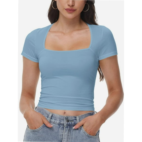 Women's Square Neck Crop Top - Short Sleeve Slim Fit T-Shirt, Casual Summer Workout Tee