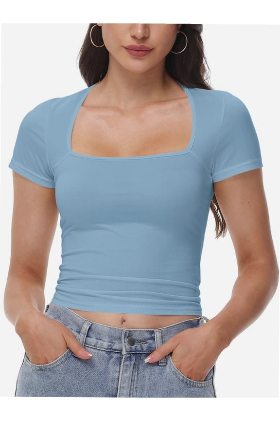 Women's Square Neck Crop Top - Short Sleeve Slim Fit T-Shirt, Casual Summer Workout Tee