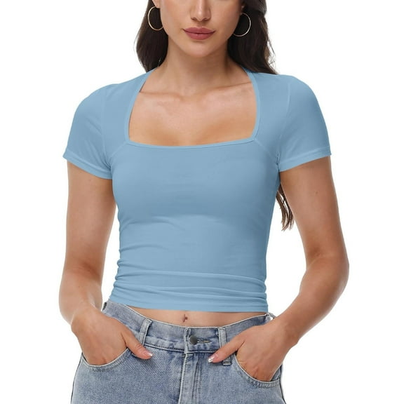 Women's Square Neck Tops Short Sleeve Crop Tops Workout Summer Clothes Casual Slim Fit T-Shirts