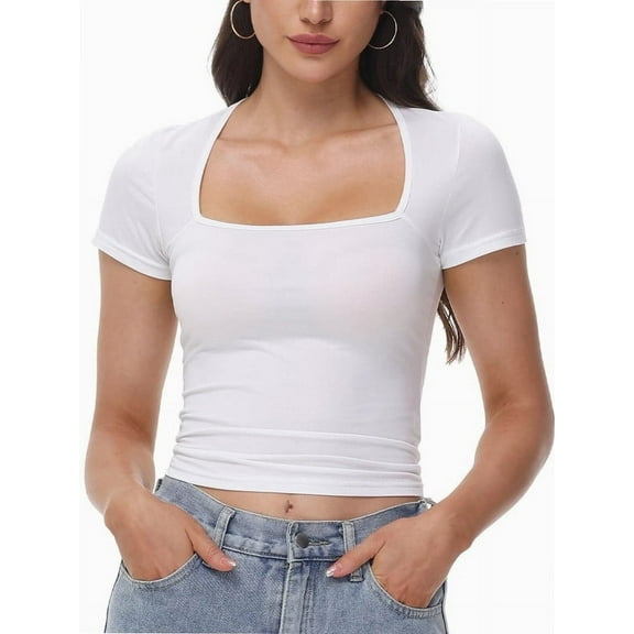 Women's Square Neck Tops Short Sleeve Crop Tops Workout Summer Clothes Casual Slim Fit T-Shirts