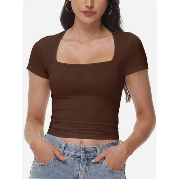 Women's Square Neck Crop Top - Short Sleeve Slim Fit T-Shirt, Casual Summer Workout Tee