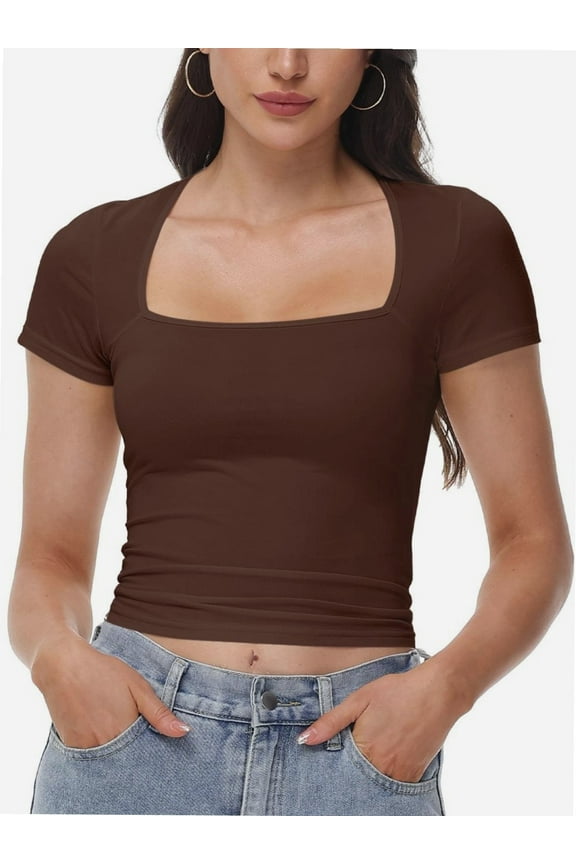 Women's Square Neck Crop Top - Short Sleeve Slim Fit T-Shirt, Casual Summer Workout Tee