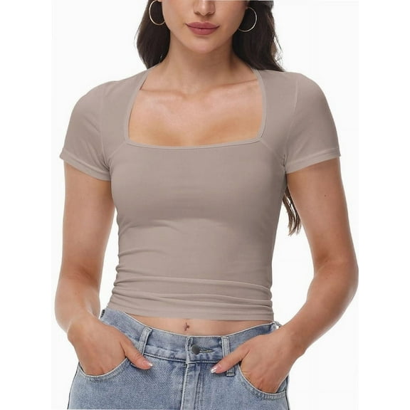 Women's Square Neck Tops Short Sleeve Crop Tops Workout Summer Clothes Casual Slim Fit T-Shirts