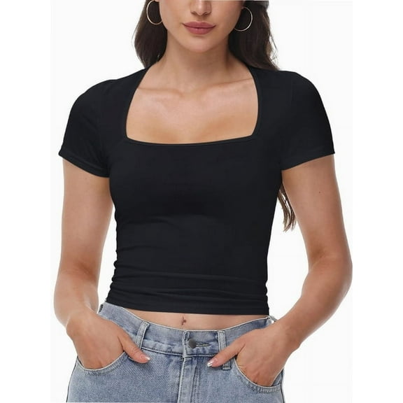 Women's Square Neck Tops Short Sleeve Crop Tops Workout Summer Clothes Casual Slim Fit T-Shirts