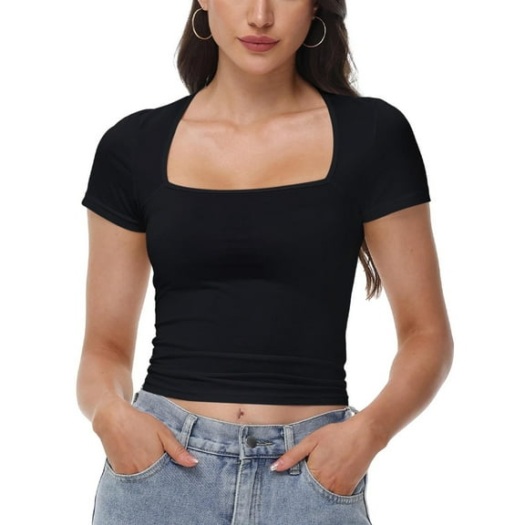 Women's Square Neck Tops Short Sleeve Crop Tops Workout Summer Clothes Casual Slim Fit T-Shirts