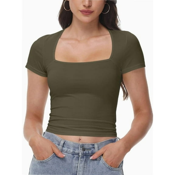 Women's Square Neck Tops Short Sleeve Crop Tops Workout Summer Clothes Casual Slim Fit T-Shirts