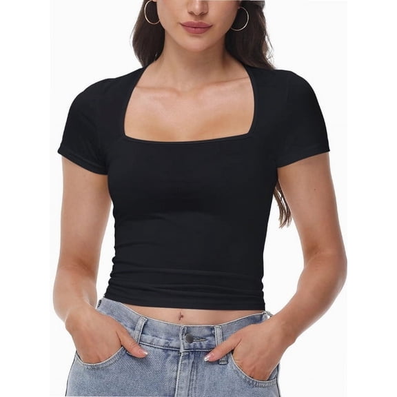 Women's Square Neck Tops Short Sleeve Crop Tops Workout Summer Clothes Casual Slim Fit T-Shirts