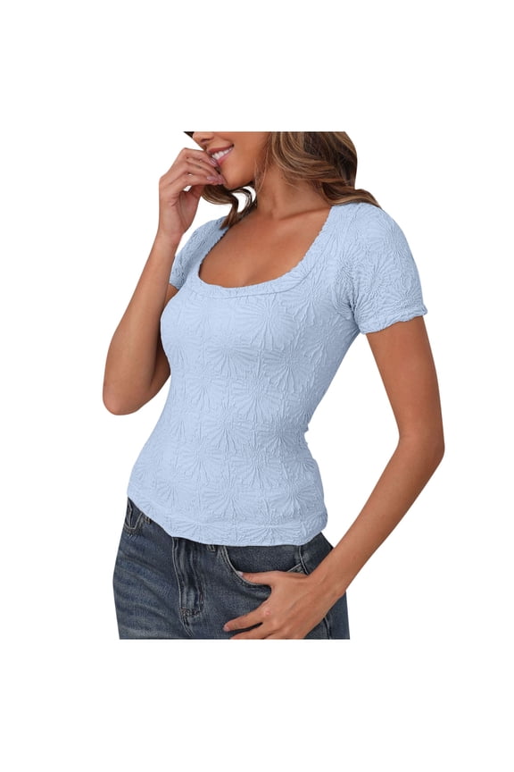 Women's Square Neck Tops Short Sleeve Seamless Floral Tee Slim Fits Comfy Fashion T-Shirt