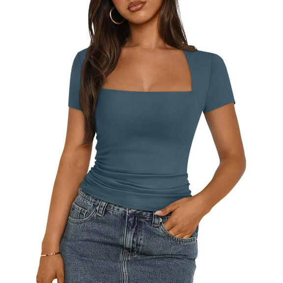 Women's Square Neck Tops Short Sleeve Shirts Double Lined Workout Summer Clothes Casual Slim Fit T-Shirts