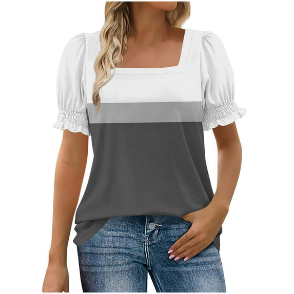 Women's Square Neck Tops Striped Colorblock Trendy Casual Summer Ruffled Short Sleeve T-shirts Blouses (L, Gray)