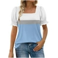 thumbnail image 1 of Women's Square Neck Tops Striped Colorblock Trendy Casual Summer Ruffled Short Sleeve T-shirts Blouses (L, Light Blue), 1 of 5