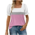 thumbnail image 1 of Women's Square Neck Tops Striped Colorblock Trendy Casual Summer Ruffled Short Sleeve T-shirts Blouses (M, Pink), 1 of 5