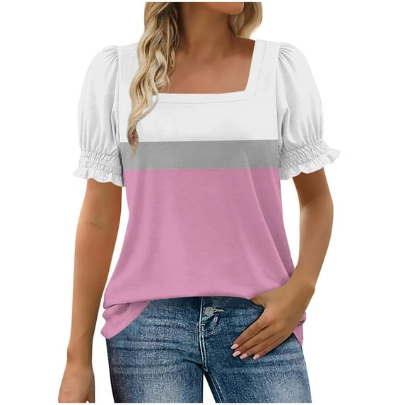 Women's Square Neck Tops Striped Colorblock Trendy Casual Summer Ruffled Short Sleeve T-shirts Blouses (M, Pink)