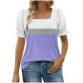 thumbnail image 1 of Women's Square Neck Tops Striped Colorblock Trendy Casual Summer Ruffled Short Sleeve T-shirts Blouses (XL, Purple), 1 of 5