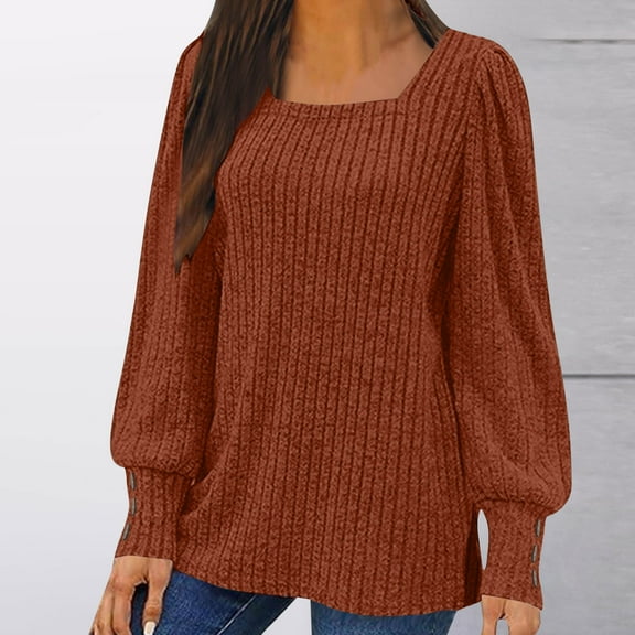 Women's Square Neck Tuinc Shirts Puff Sleeve Pullover Textured Knit Sweaters Casual Loose Tops for Fall Winter 2025