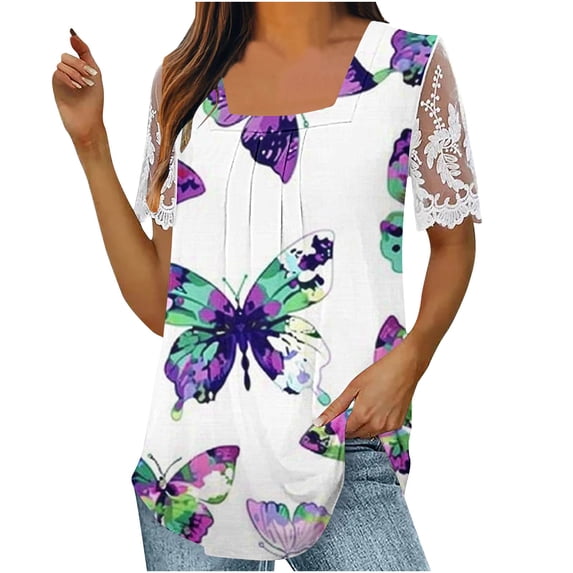 Women's Square Neck Tunic Dressy Tops Fashion 2024 Boho Flora Print Vintage Lace Embroidery Short Sleeve Flowy Pleated Shirts Summer Clothes for Teen Girls Hide Belly Swing Blouse White T Shirts L