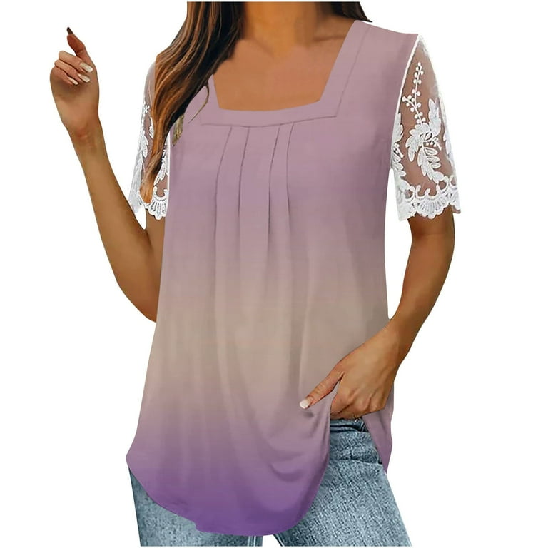 Women s Square Neck Tunic Dressy Tops Vintage Belly Hiding Swing Blouse Gradient Color Summer Clothes for Teen Girls Short Sleeve with Lace Stitching