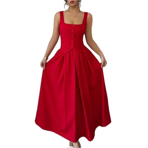 Women's Square Neck Wide Strap Midi Dress Buttoned Basic Style for Everyday Wear 95% polyester 5% elastane chic