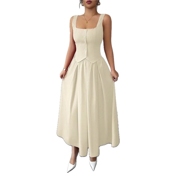 Women's Square Neck Wide Strap Midi Dress Buttoned Basic Style for Everyday Wear 95% polyester 5% elastane chic