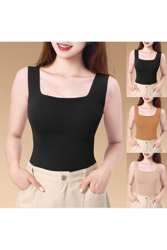 Women's Square Neck Wide Strap Tank Top Built in Bra Solid Color Basic Tops Going Out Shirt Slim Fit Summer Outdoor Wearing Black,Size M