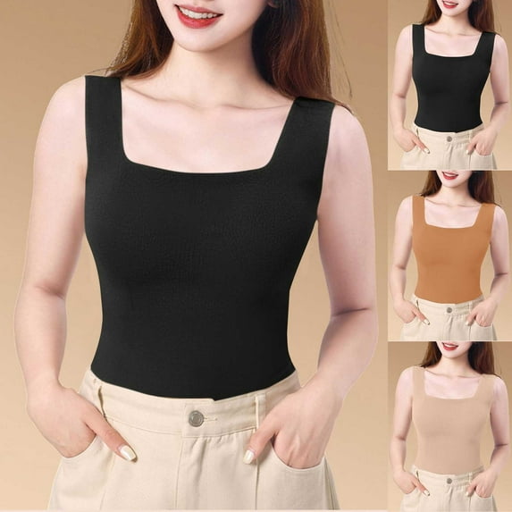 Women's Square Neck Wide Strap Tank Top Built in Bra Solid Color Basic Tops Going Out Shirt Slim Fit Summer Outdoor Wearing Coffee,Size M