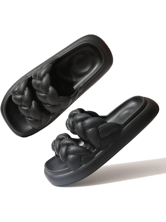 Women's Square Open Toe Cloud Slides Braided Double Strap Platform Slippers Slip on Cute Pillow Flat Sandals for Summer
