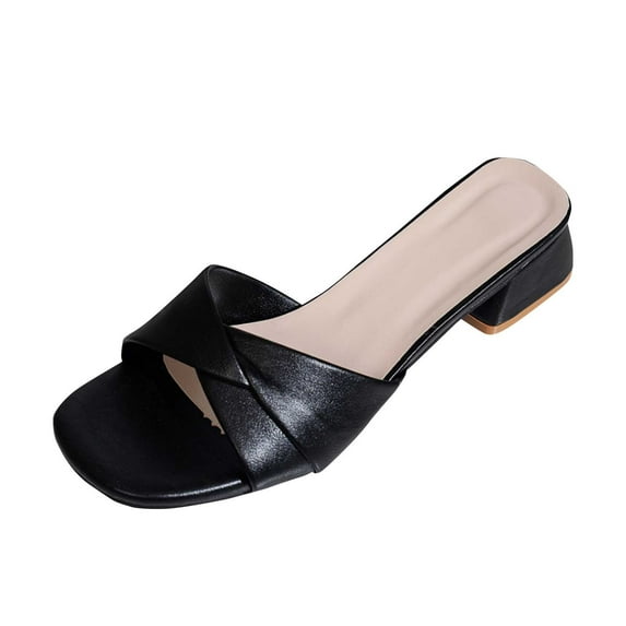 Women's Square Open Toe Heels Sandals Low Block Chunky Heeled Sandal Slip on Mules Comfortable Casual Dress Pumps Shoes Black Women Sandal