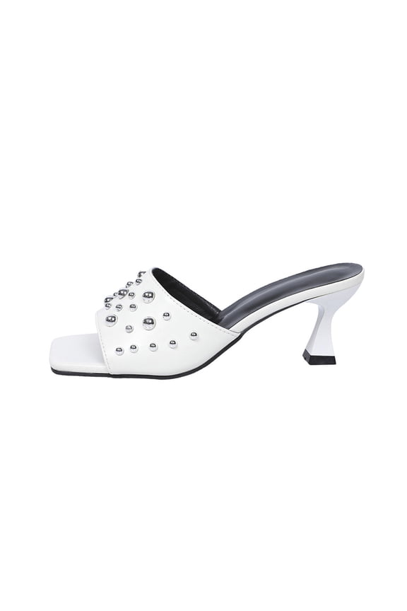 Women's Square Open Toe Kitten Heel Slides Sandals Silp On Studded Heeled Sandals Mules Casual Dress Shoes Summer Slides White Women Sandal