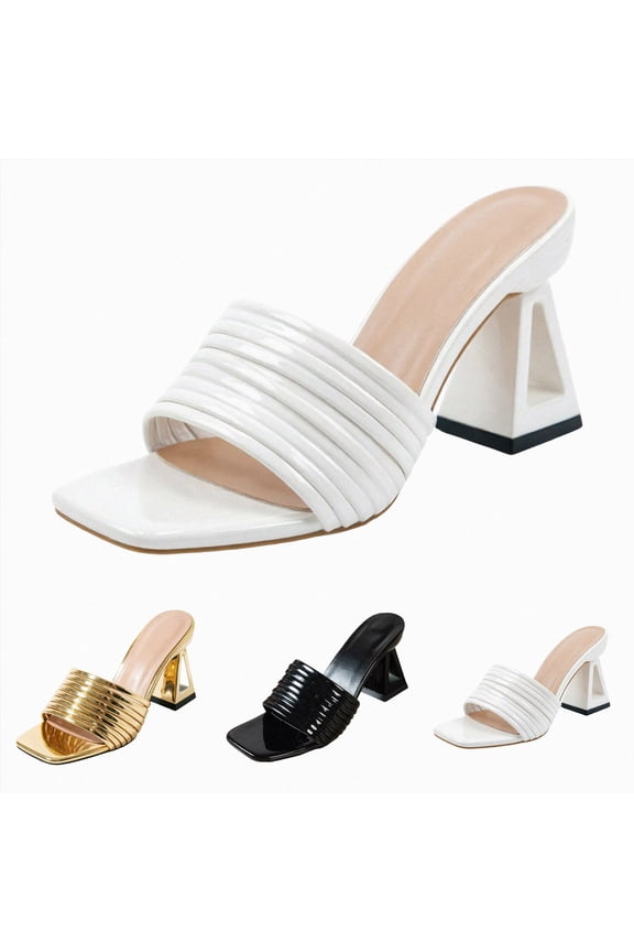 Women's Square Open Toe Sandals Leather One Band Slides Fashion Sexy Kitten Heeled Mules Wedding Party Evening Prom Dance Backless Dress Shoes White Size 9.5
