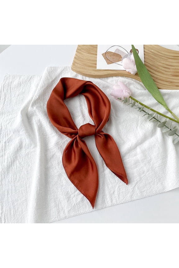 Women's Square Satin Scarf Solid Color Retro 50s Neck Hair Handkerchief Bandana Brown One Size